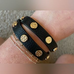 Tory Burch black leather/gold detail wrap around bracelet
